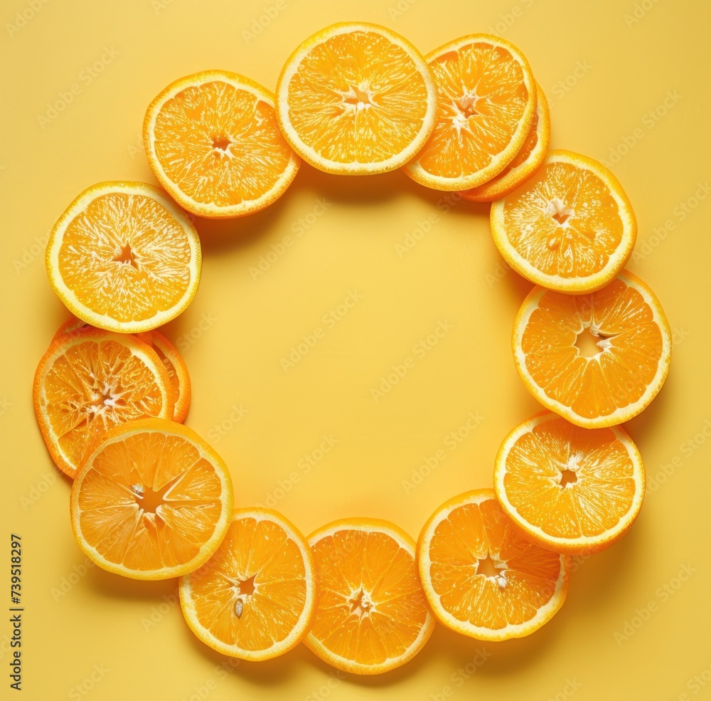 Poster orange slices are arranged in the shape of a circle on a yellow background