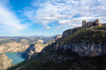 Fototapeta na wymiar Panoramic view of the Chirel castle and the Jucar river. Cortes de Pallas - Valencia - Spain