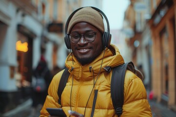 tylish Man with Headphones Using Smartphone in City
