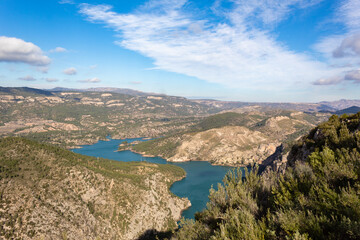 Panoramic view of the Cortes de Pallas II reservoir and the mountains. Valencia - Spain