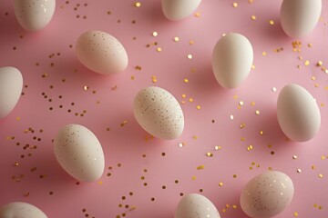 Fototapeta na wymiar miniature white eggs on pastel pink background