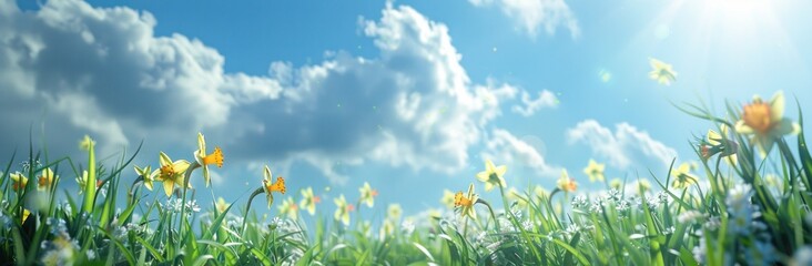 Fototapeta na wymiar yellow daffodils on green grass under blue sky