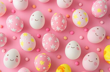 Fototapeta na wymiar many easter eggs on a pink colored background