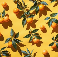oranges, orange leaves, leaves of thorns on yellow background