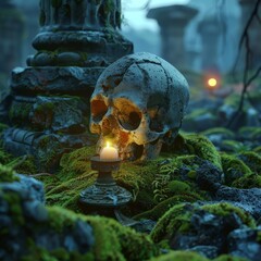 Skull and Candle on Moss