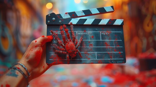 Hand holds empty film making clapperboard