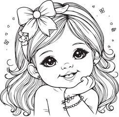 baby girl with flower, cute smile child girl, hand drawing portriat girl vector black and white line art