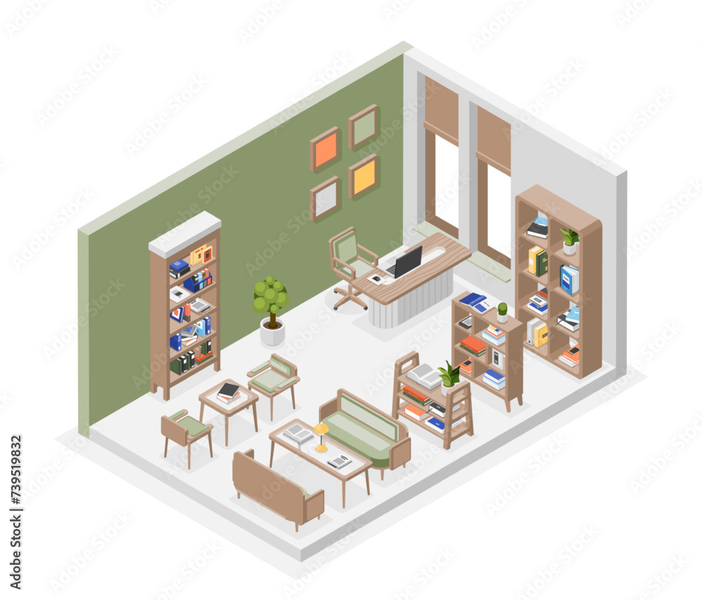 Canvas Prints isometric library interior. reading club or bookstore. room with bookshelves, chairs and desk. schoo