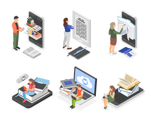 Isometric people online education. Man woman reading and learning with paper and digital books. Adult using online library, flawless vector scenes