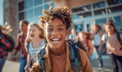 Beautiful portrait African American kid with fancy dreads hairstyle with school bag laughing at camera when group of pupils running out school on the last studying day. People's emotions and education - obrazy, fototapety, plakaty