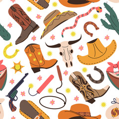 Stylish cowboy seamless pattern. Horseshoe, boots and hats wild west style. Fashion western rodeo print design. Decorative decent vector background