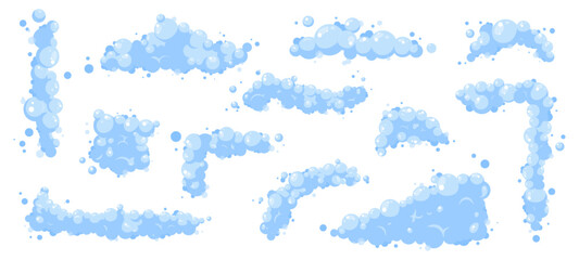 Soap foam cartoon elements. Clouds bubbles of shampoo or wash gel. Different shapes of bath foams, cleaning or washing. Isolated snugly vector clipart - obrazy, fototapety, plakaty