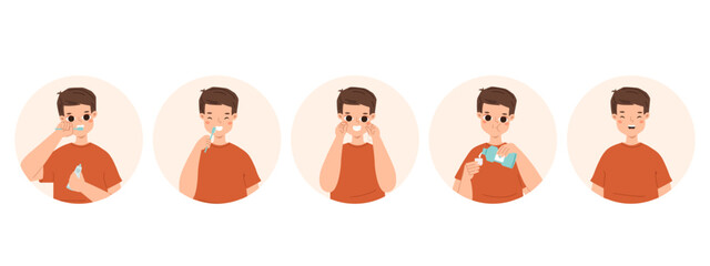Dental hygiene. Brushing teeth step by step. Young boy clean tooth and mouth. Oral care with brush, floss and rinse, stomatology snugly vector concept