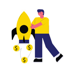 Illustration concept of a person and a rocket, depicting the launch of a new business.