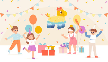 Obraz na płótnie Canvas Party pinata for children birthday celebration. Kid hitting pinata with confetti, funny festive entertainment. Cartoon kids having fun, snugly vector scene