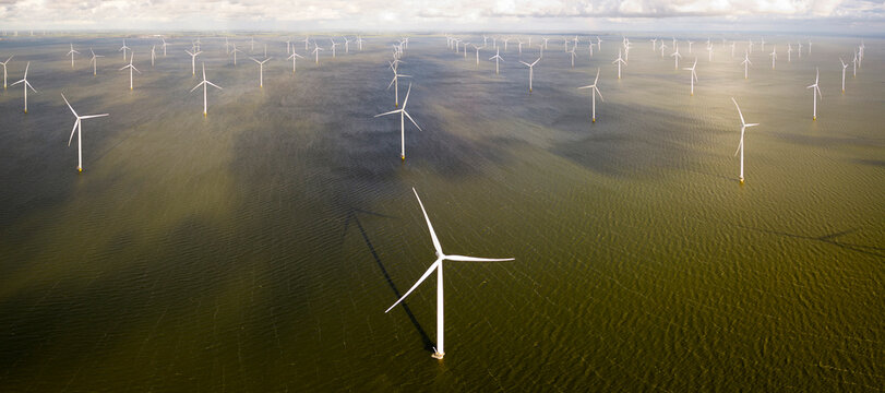 Aerial image of an offshore windpark, Holland