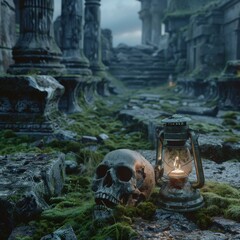 Ancient Skull and Lantern on Moss Overgrown Ruins