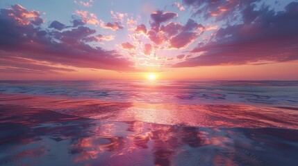 Beach sunset with vibrant hues reflecting on calm waters, serene mood