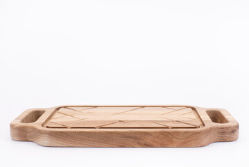 Wooden kitchen board. Wooden tray on a white background. Isolate. Handmade