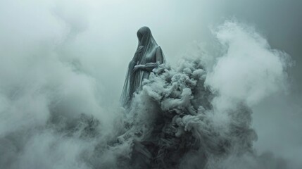 A statue in clouds of gray smoke