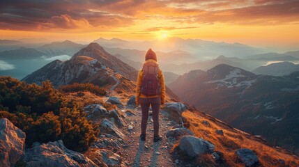 Hiking adventure on mountain trail, panoramic view, sunrise