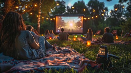 Outdoor movie night, projector screen, blankets on grass, stars above
