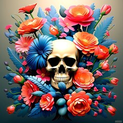 skull and flowers art wallpaper
