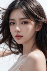 Naklejka premium Gorgeous Asian Young Female Model - Fashion or Cosmetics Model - Surreal Beauty with Perfect Fine Features - Beautiful Smooth Hair