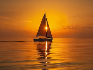 Sailing at sunset, boat silhouette on golden sea, tranquil