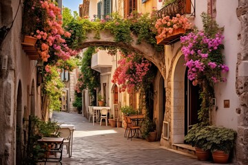Fototapeta na wymiar Cozy street in the historic center of Antibes, France, French Riviera near the Mediterranean Sea.
