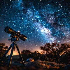 Star gazing, telescope pointed at night sky, discovering constellations