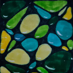 a bright juicy colored abstract drawing looks like stones of blue, pink, green, yellow precious stones print 