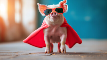 Little pink pig wearing a red cape and sun glasses walking and pretending to have super powers. Farm animal dress up. 