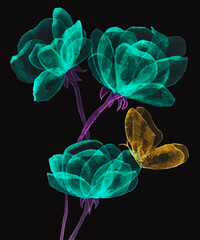 watercolor drawing,flower pattern with green stems and transparent pink petals, thin as rice paper with a fabulous blue butterfly, light passes through the wings