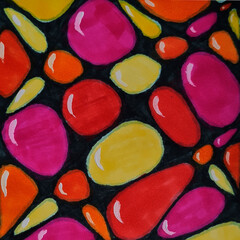 a bright juicy colored abstract drawing looks like stones of blue, pink, green, yellow precious stones print 
