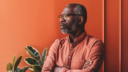 Thoughtful Mature African American Man Contemplating in Orange Room