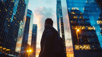 Man Gazing at Cityscape at Dusk with Glowing Skyscrapers