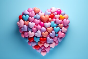 a pink heart with many colorful hearts on blue background
