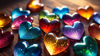 sparkling magical fantasy Magical hearts, made out of transparent multicolored glass, light shines through