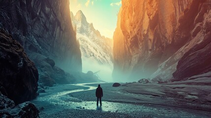 A solitary figure stands in a vast canyon with towering, rugged cliffs illuminated by a warm, hazy sunlight. The canyon is straddled by steep, textured rock faces that glow with an orange hue, contras - obrazy, fototapety, plakaty