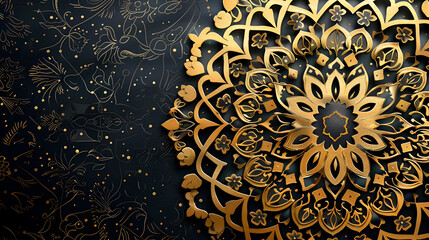 banner with copy space, golden vintage pattern on black background with space for text