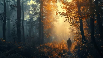 Foto op Plexiglas A tranquil forest scene at either sunrise or sunset with beams of golden light streaming through the tree canopy, illuminating the foliage and the misty air. A lone person stands in the distance on a  © Jesse
