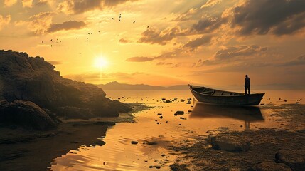 A tranquil scene unfolds with a golden sunset casting a warm glow over a serene landscape. In the...