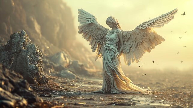 The image depicts an angelic statue with expansive wings standing amidst a hazy landscape. The angel in classical sculpture style wears flowing robes and the wings are meticulously detailed with indiv