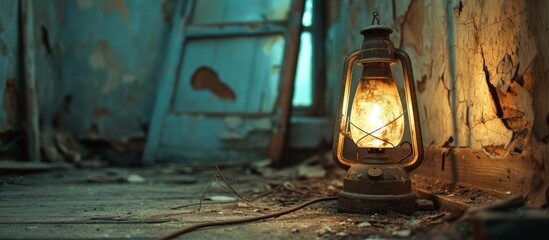 Fototapeta na wymiar Glowing light lantern sitting on the ground in the dark night