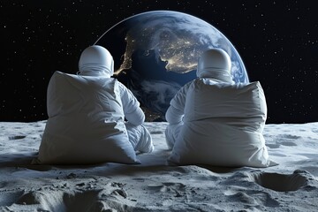 Two astronauts sitting on beanbag chairs and looking on Earth