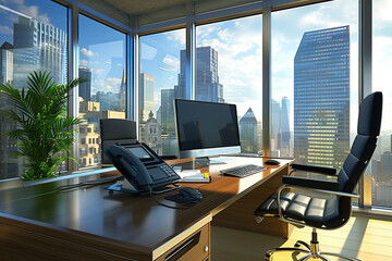 Corporate office with modern computer and beautiful window view