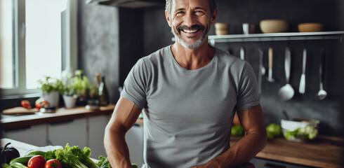 Happy healthy fitness man in the kitchen with healthy food