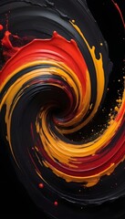 Abstract Color Dynamics. dramatic and explosive swirl of paint, with vibrant gold and red hues erupting into a black void, depicting motion and energy.