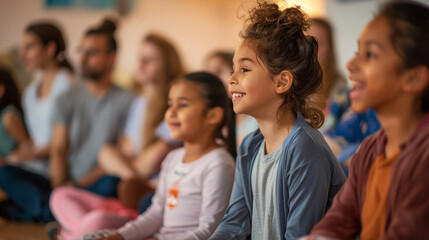Parents and children attending a workshop on mindfulness and emotional intelligence, learning techniques for managing stress and fostering resilience, love, respect, tolerance, edu